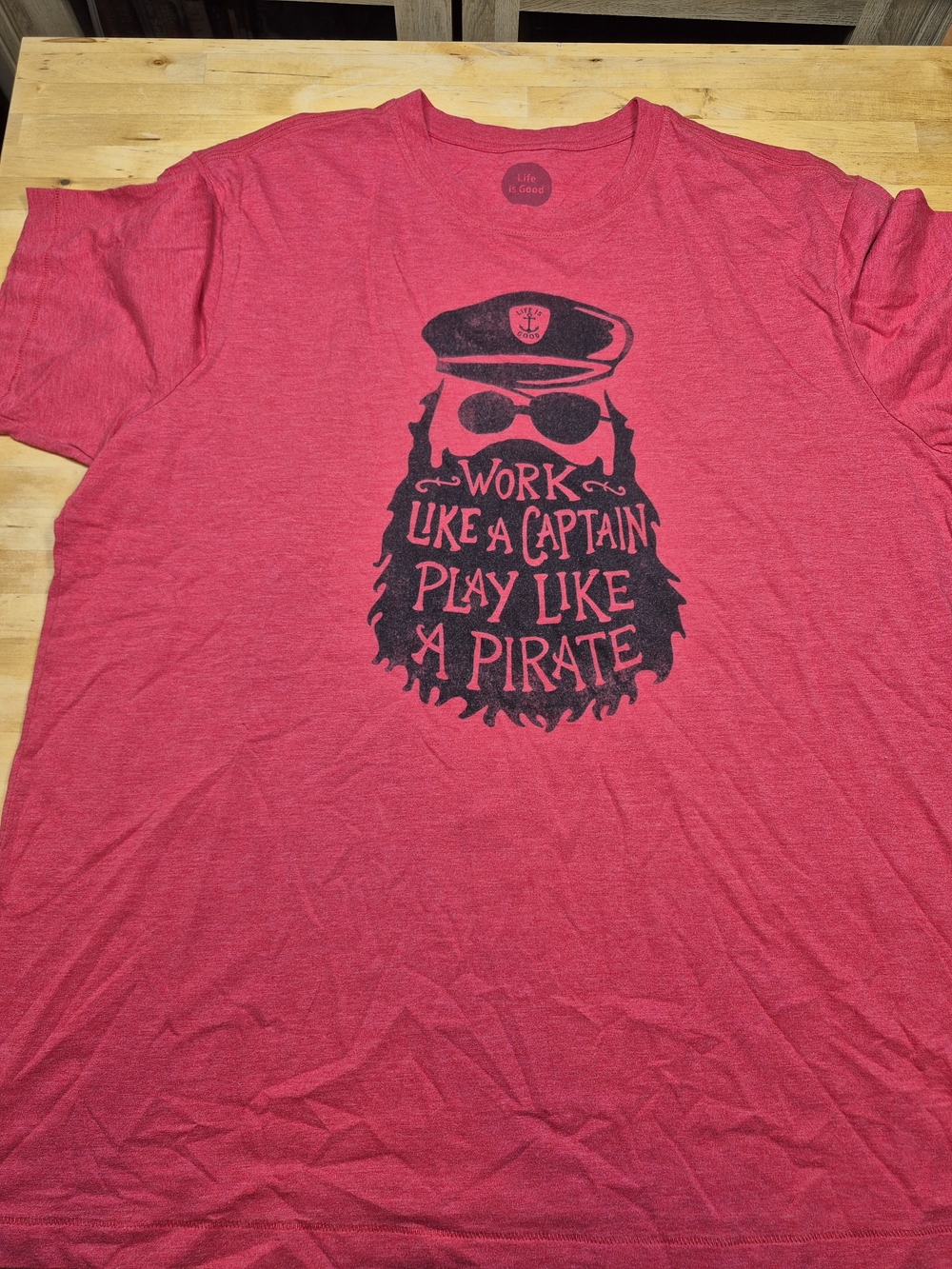 Life Is Good Men's Red Graphic Tee with Black Pirate Design
